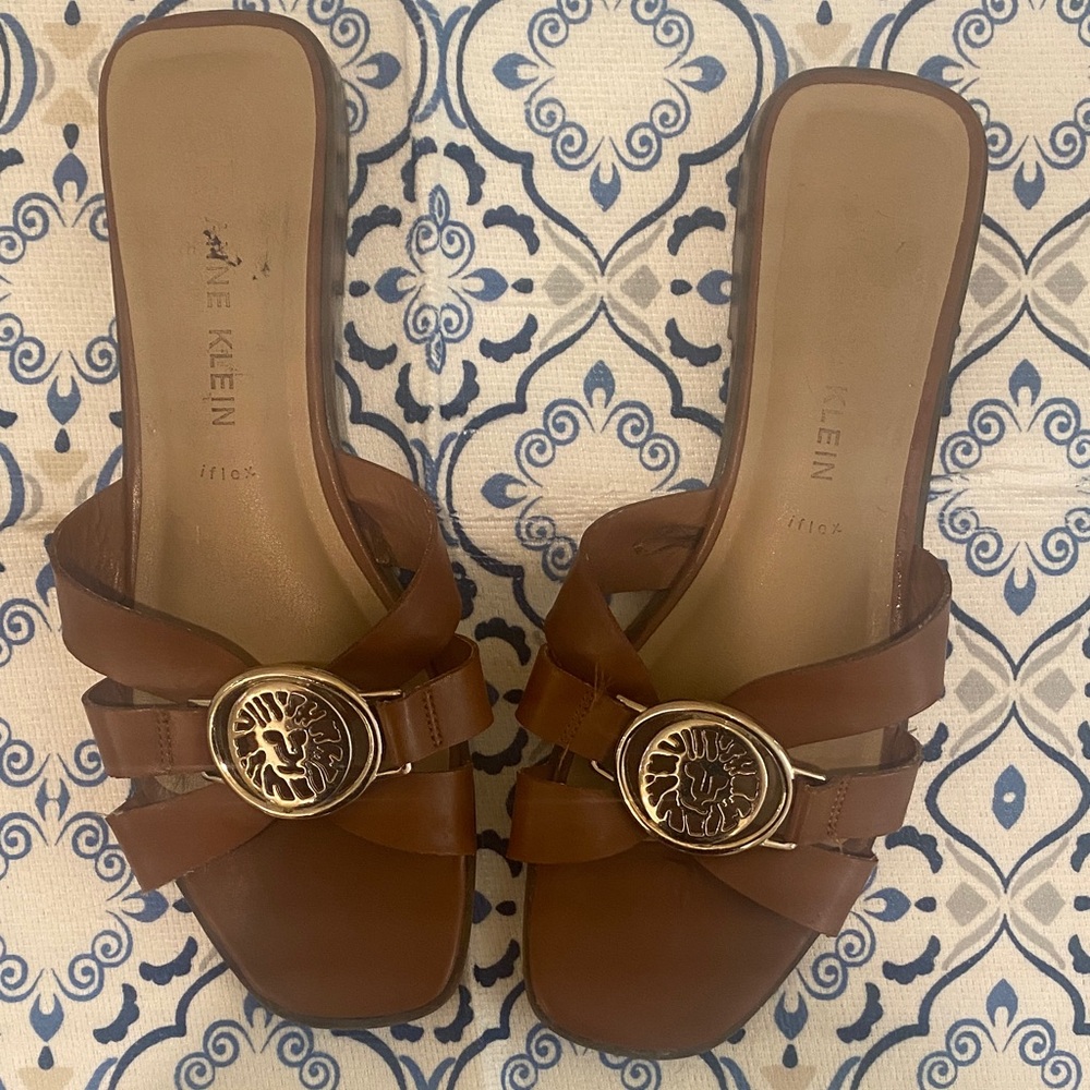 Anne Klein Brown Leather Slideswith Silver Hardware